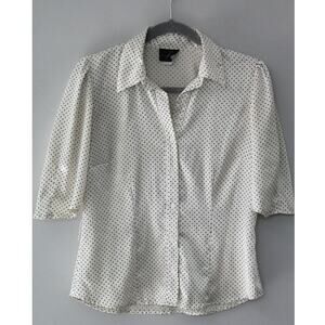 Fenomenon White Womens Polka Dot Satin 3/4 Sleeve Collared Button Up Blouse
